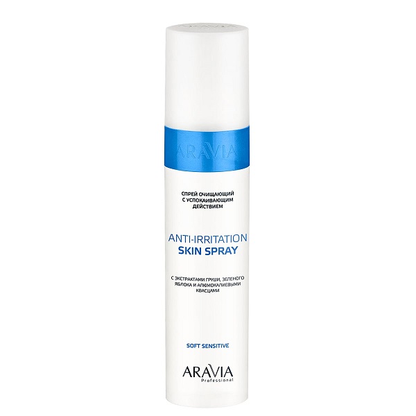 sprej ochishchayushchij dlya depilyacii s uspokaivayushchim dejstviem s ekstraktami grushi zelyonogo yabloka i alyumokalievymi kvascami anti irritation skin spray 250 ml aravia professional rossiya