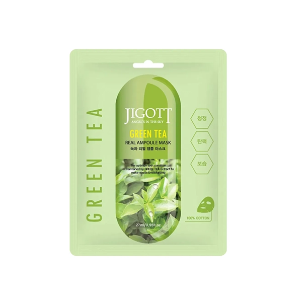jigott green tea real ampoule mask tkanevaya maska dlya lica s ekstraktom zelyonogo chaya 27ml