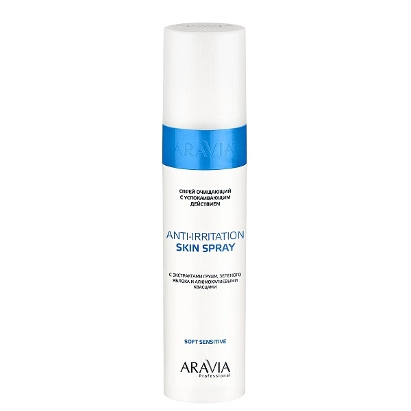 sprej ochishchayushchij dlya depilyacii s uspokaivayushchim dejstviem s ekstraktami grushi zelyonogo yabloka i alyumokalievymi kvascami anti irritation skin spray 250 ml aravia professional rossiya